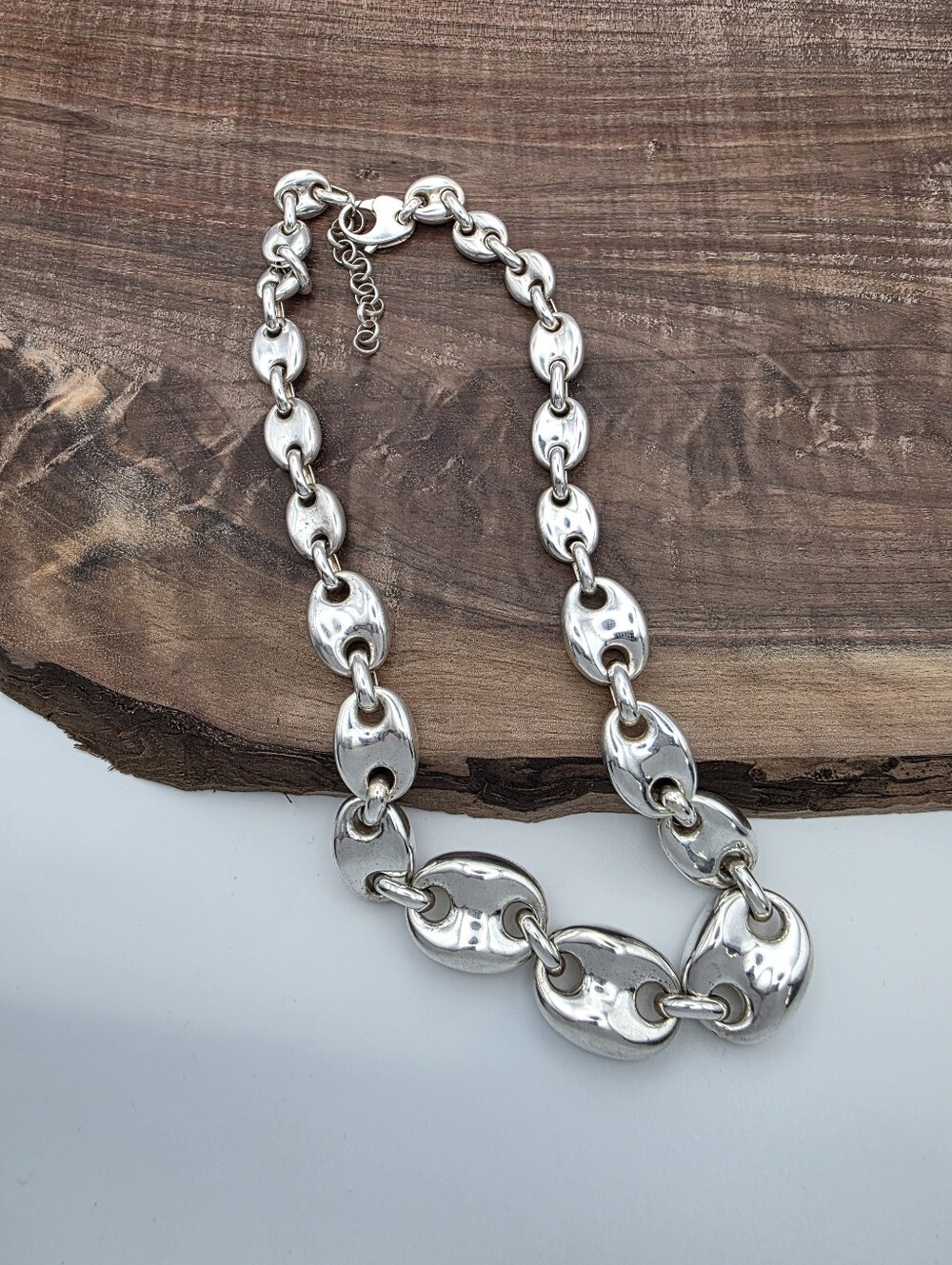 Milor Italy 925 Sterling Silver Puffy Graduated Mariner Link Necklace Statement